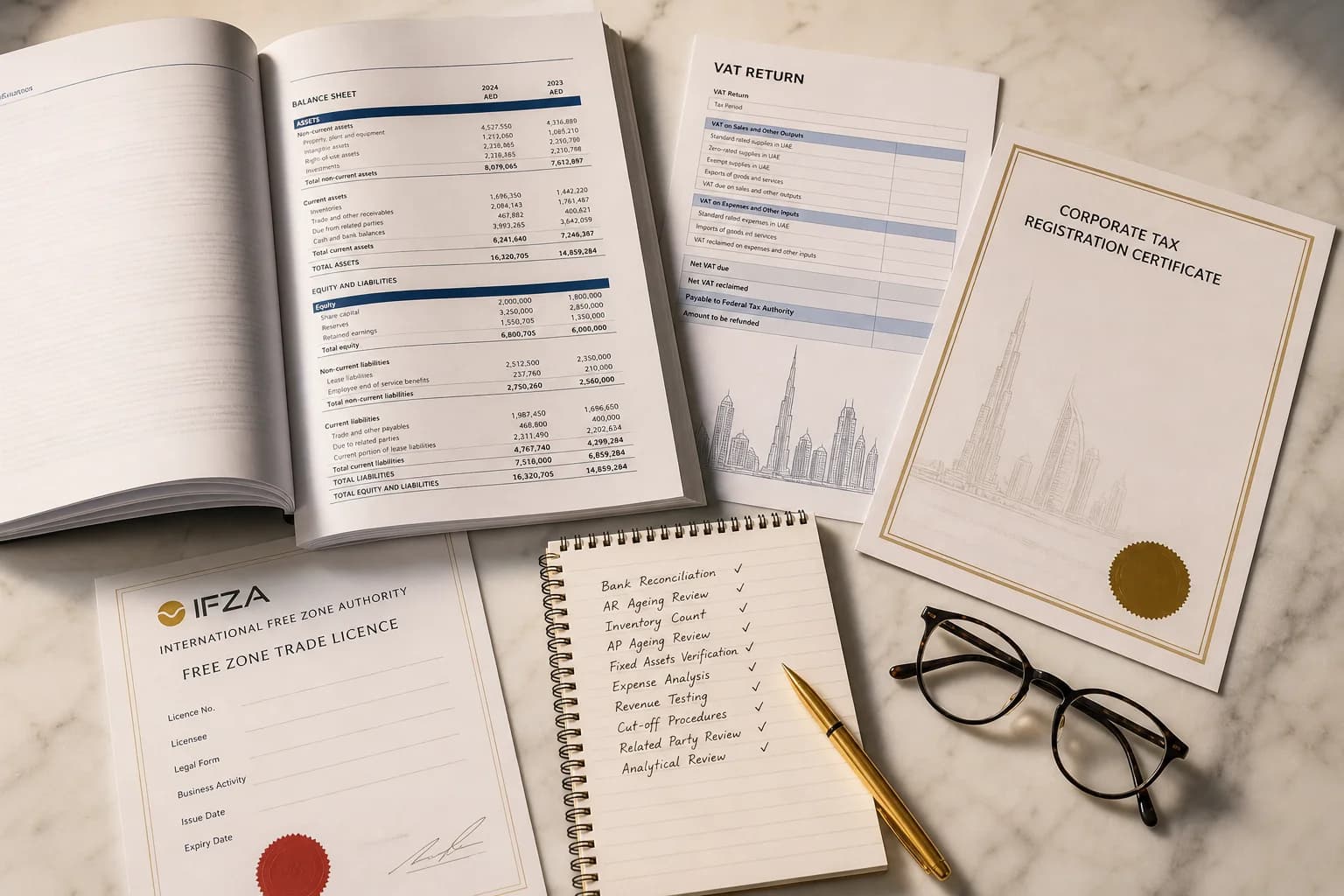 UAE audit financial documents — balance sheet, VAT return and trade licence on a desk