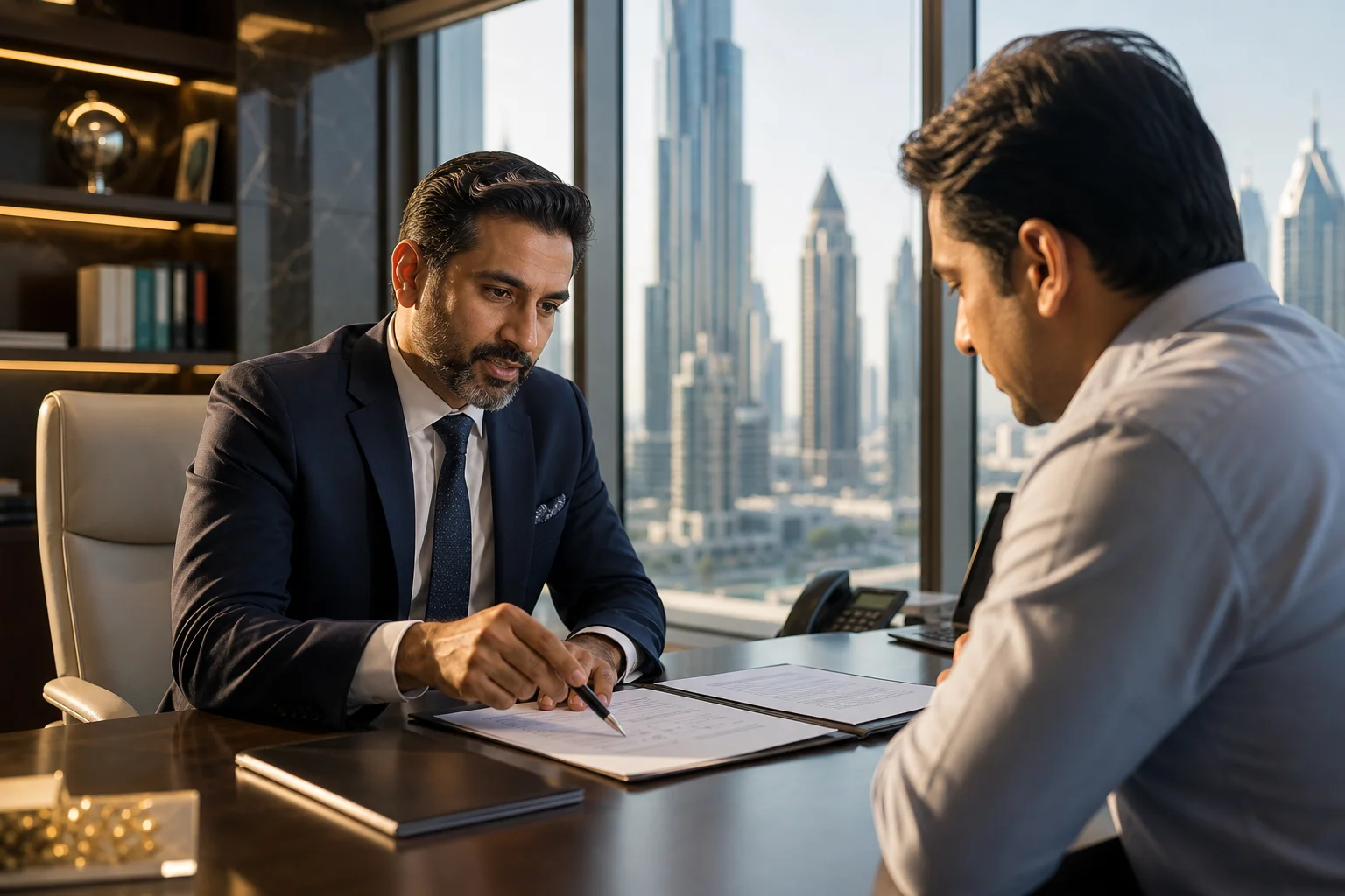 Jashvantkumar Prajapati reviewing UAE corporate bank account documents with a client in a Dubai office