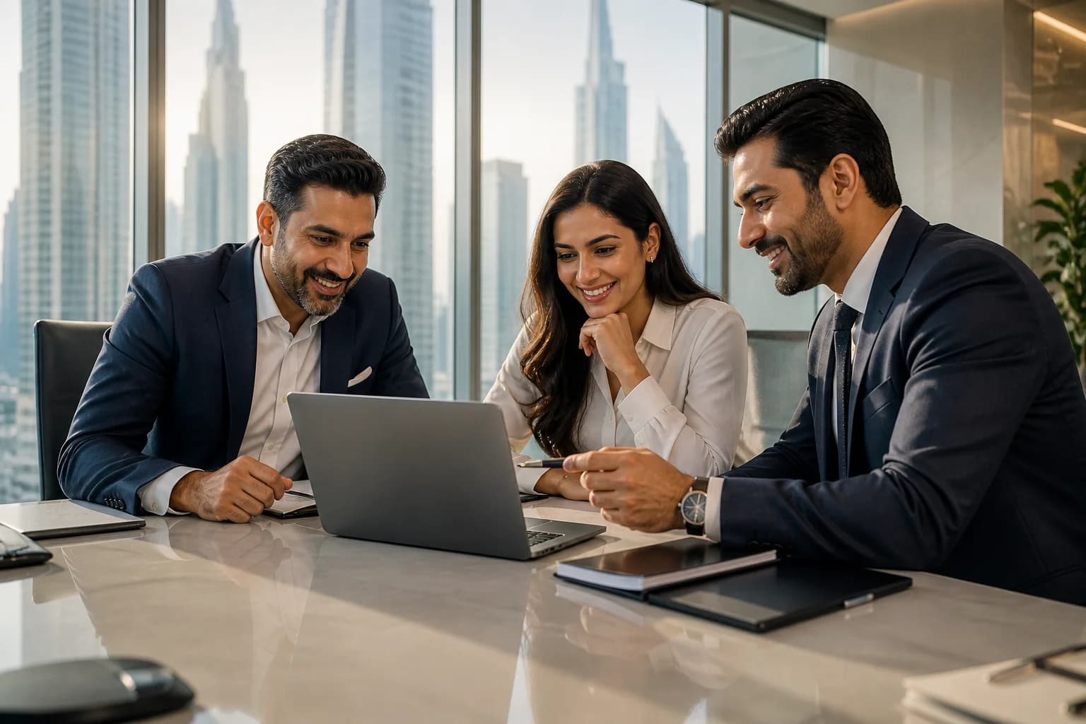Business team in a Dubai office after successful corporate bank account approval — UAE banking setup complete
