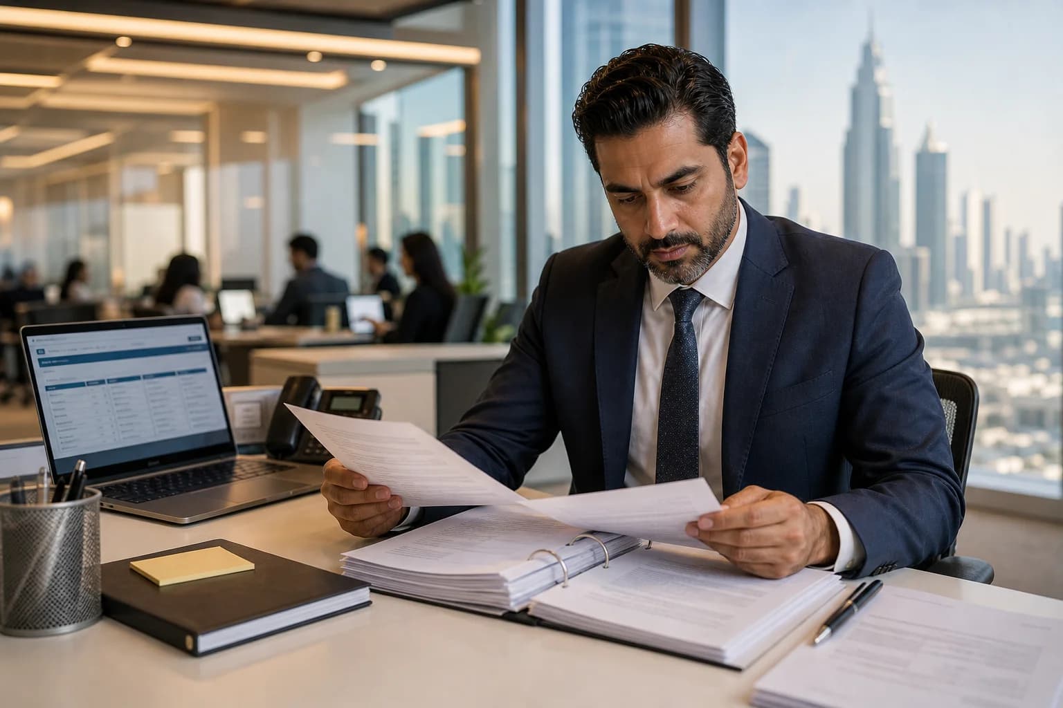 UAE bank KYC compliance review — advisor reviewing corporate account application documents in a Dubai office