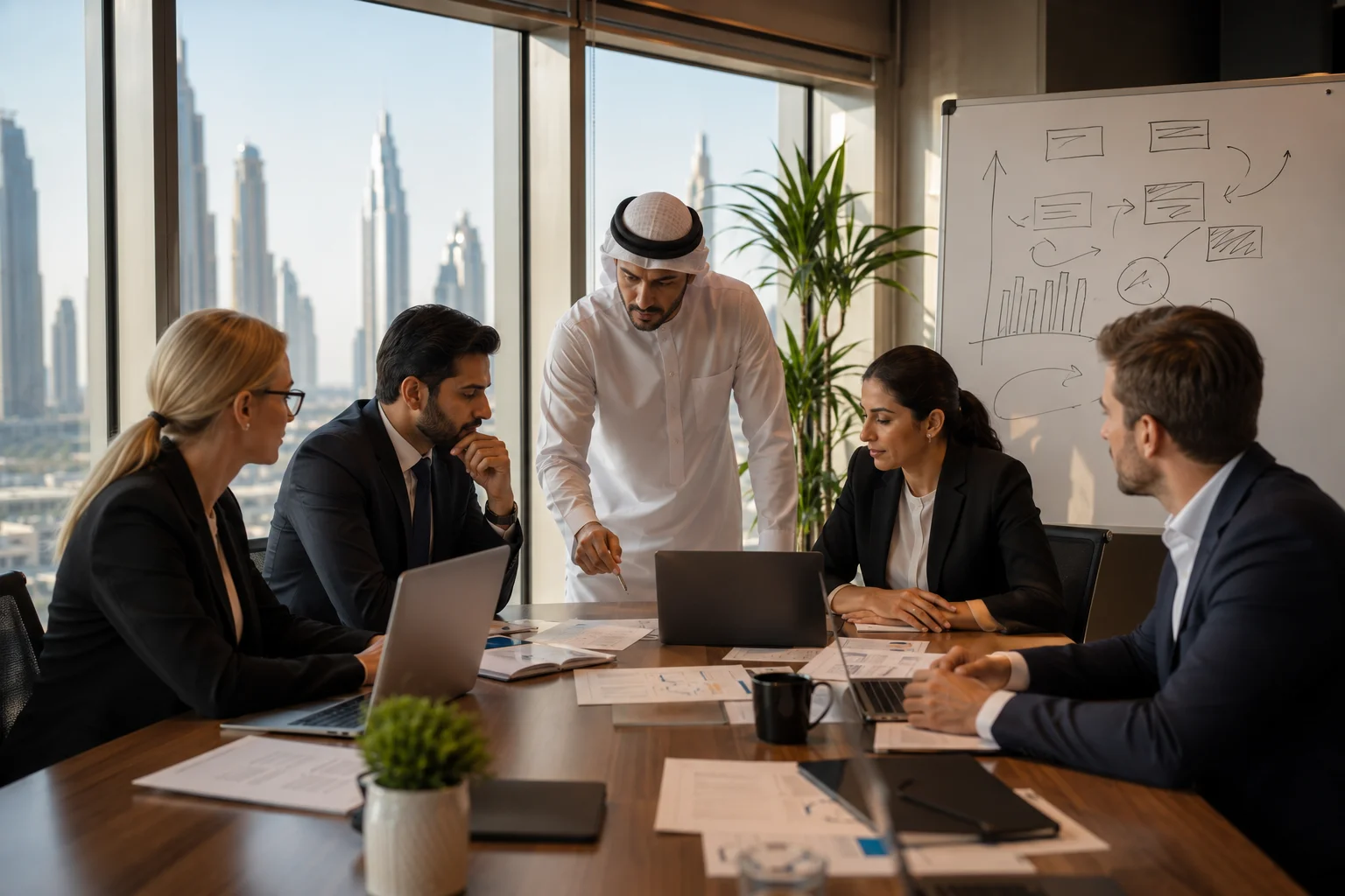 Business continuity team running a disaster recovery simulation drill in a Dubai office