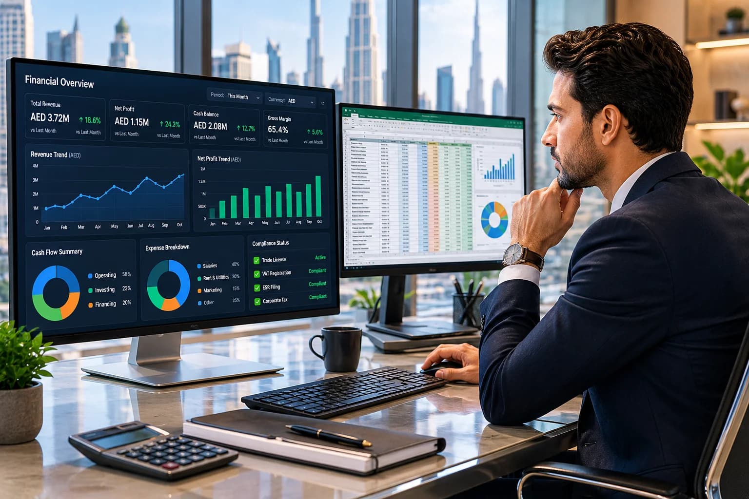 Business professional reviewing financial KPI dashboard for UAE company health check assessment