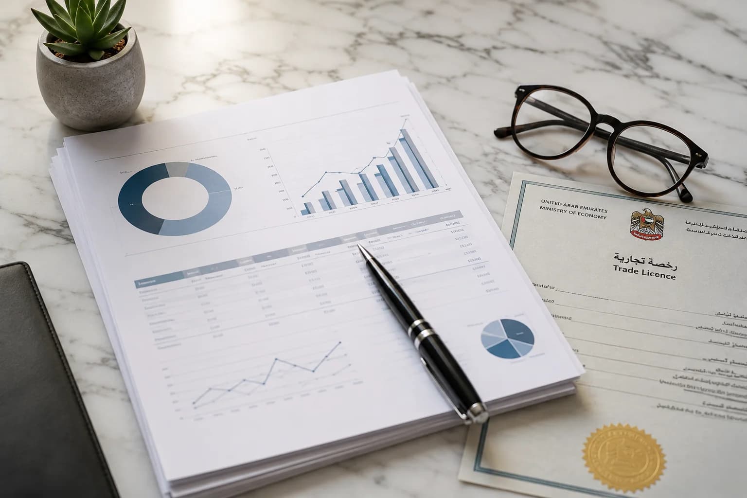 Business health check assessment documents and financial reports on a desk in a UAE office