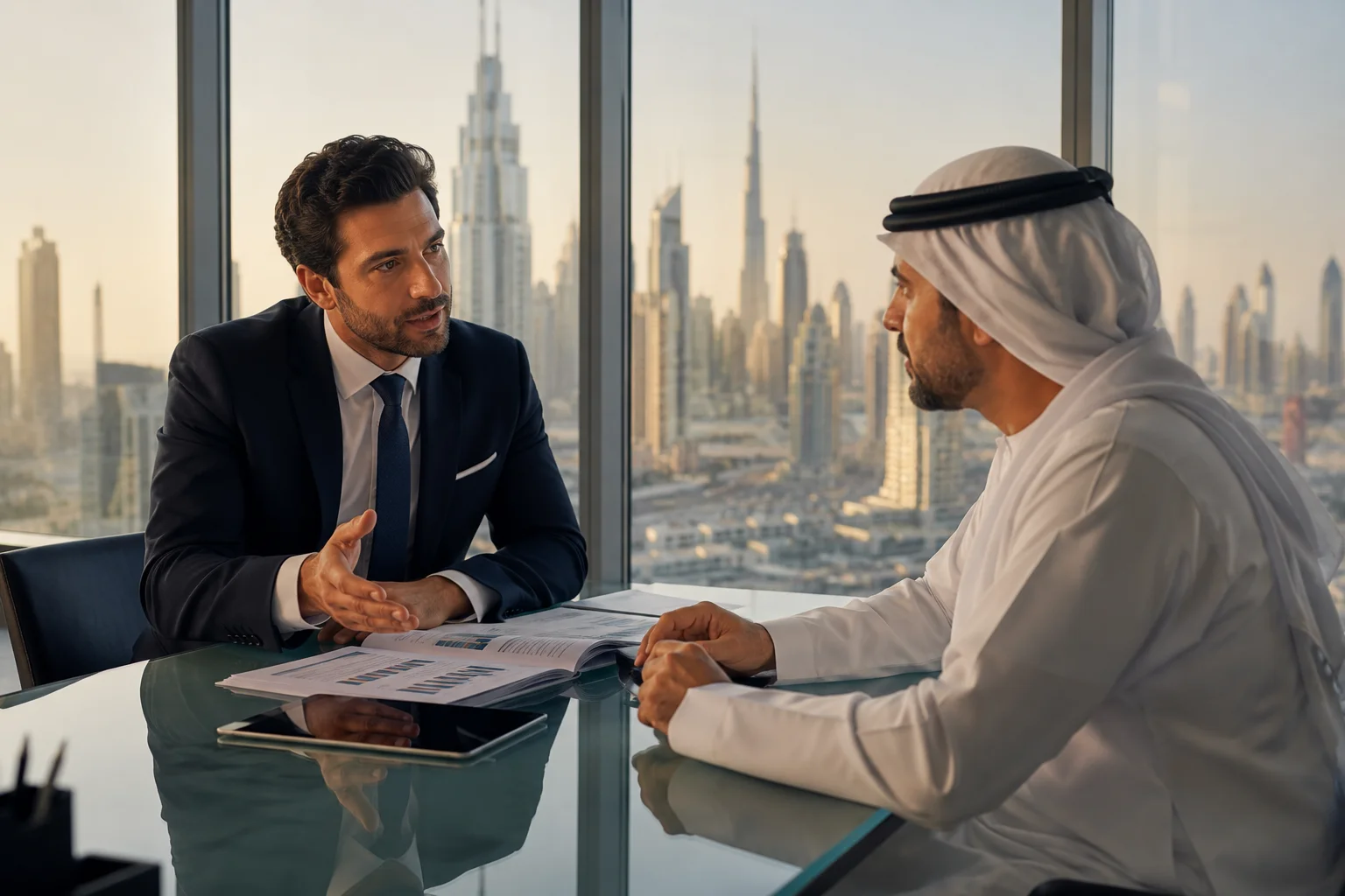 Business advisor conducting a UAE business health check with a company owner in a Dubai high-rise office
