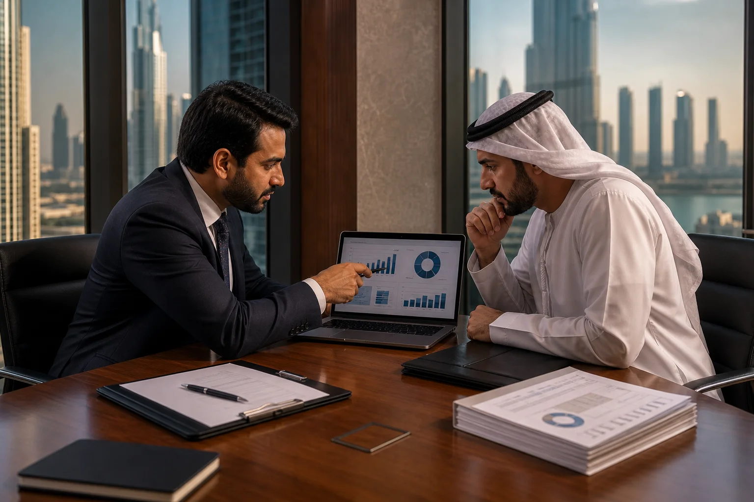HR compliance and employee onboarding UAE — HR professional explaining employment contract to new hire in Dubai office