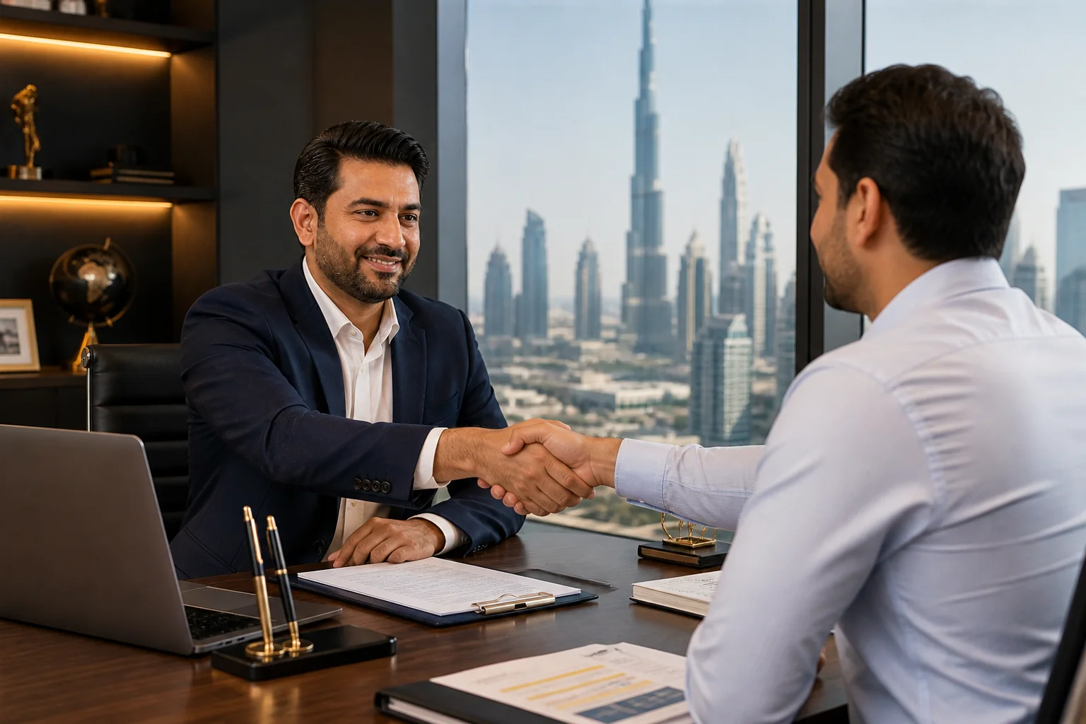 UAE business formation advisor shaking hands with a client in a Dubai office with Burj Khalifa visible through the window