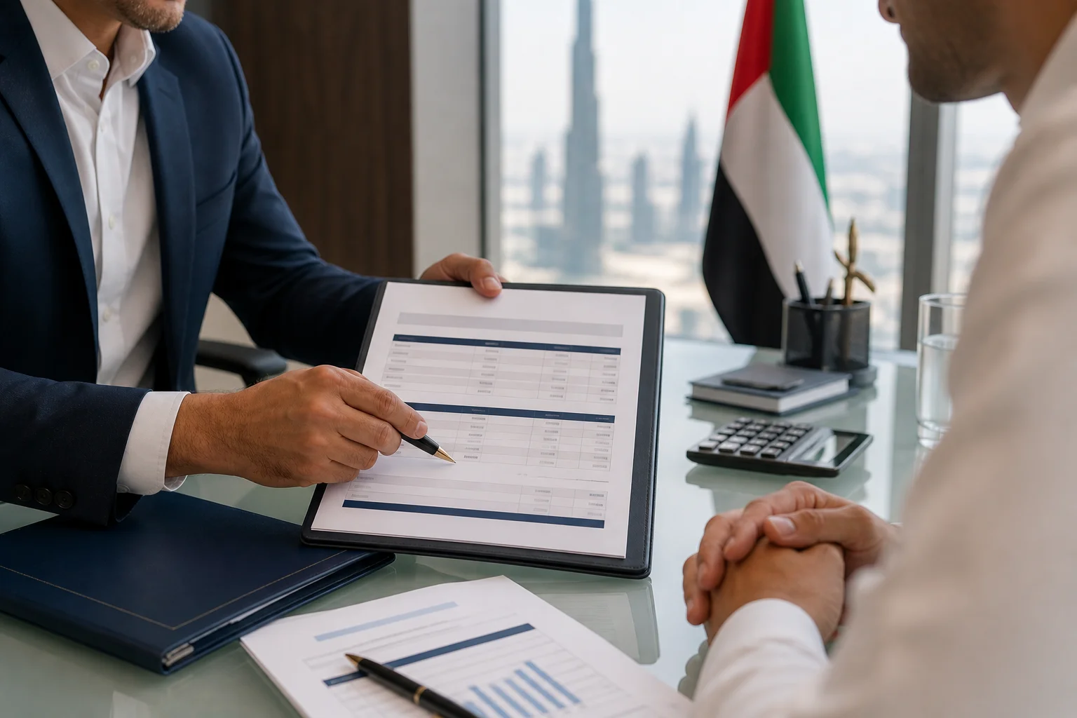 UAE business advisor presenting a Dubai company formation cost breakdown document to a client in a Dubai meeting room