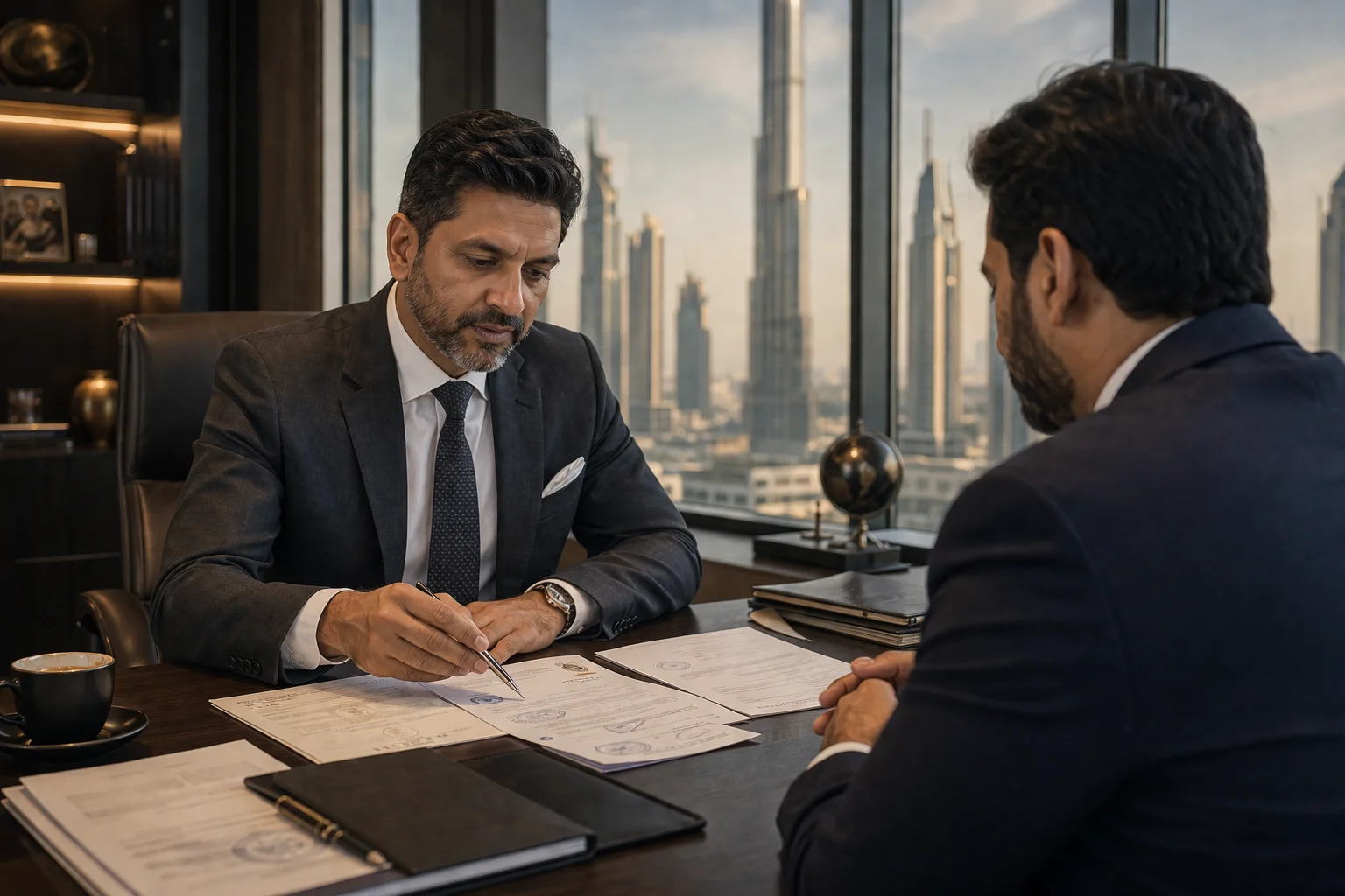 Jashvantkumar Prajapati reviewing UAE company liquidation documents at a Dubai office