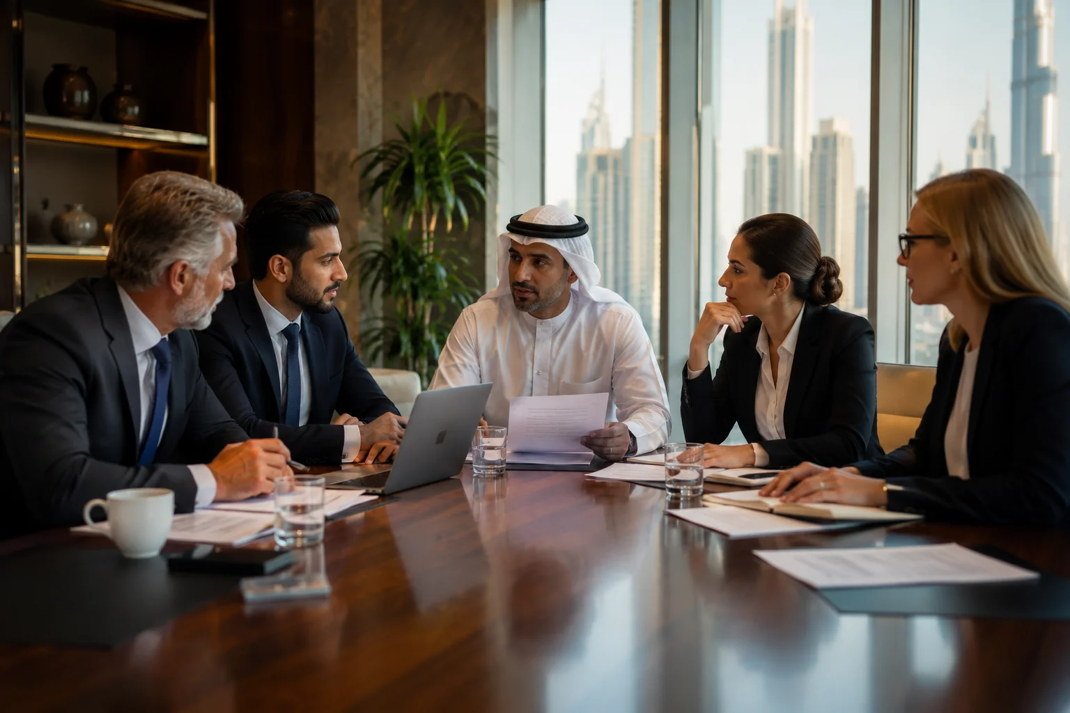 UAE company board meeting reviewing governance policies and charters in a Dubai office