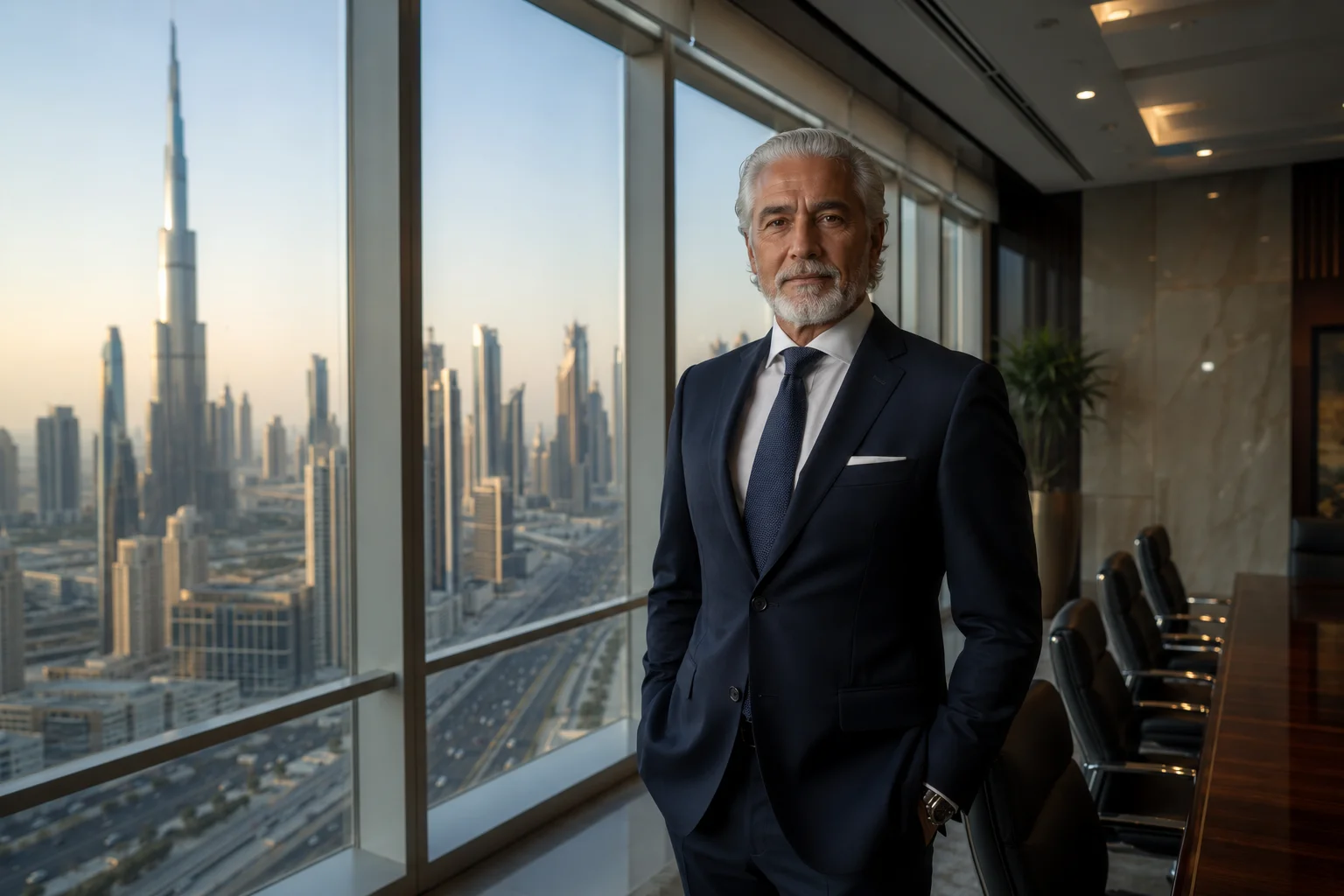 Jashvantkumar Prajapati advising a board on corporate governance in a Dubai boardroom
