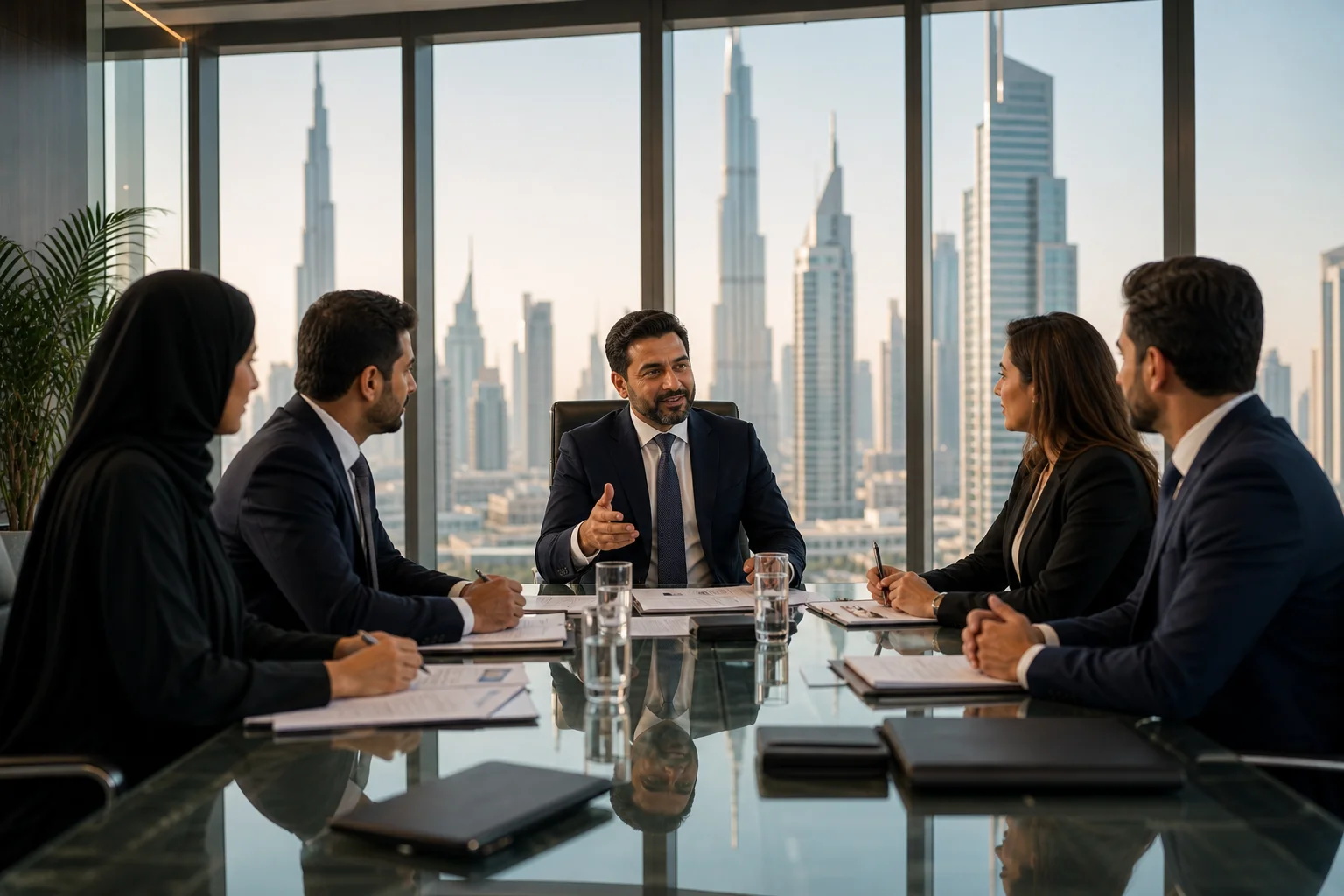 Business executives reviewing corporate documents at a Dubai boardroom table