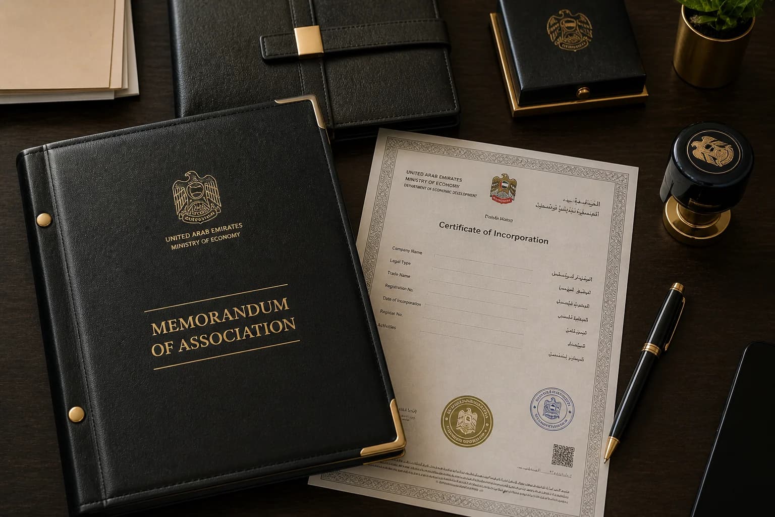UAE corporate documents including memorandum of association, company seal, and registration certificates on a boardroom desk in Dubai