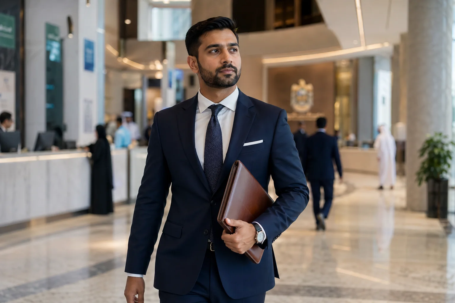 UAE PRO advisor walking through a Dubai government services centre with corporate documents