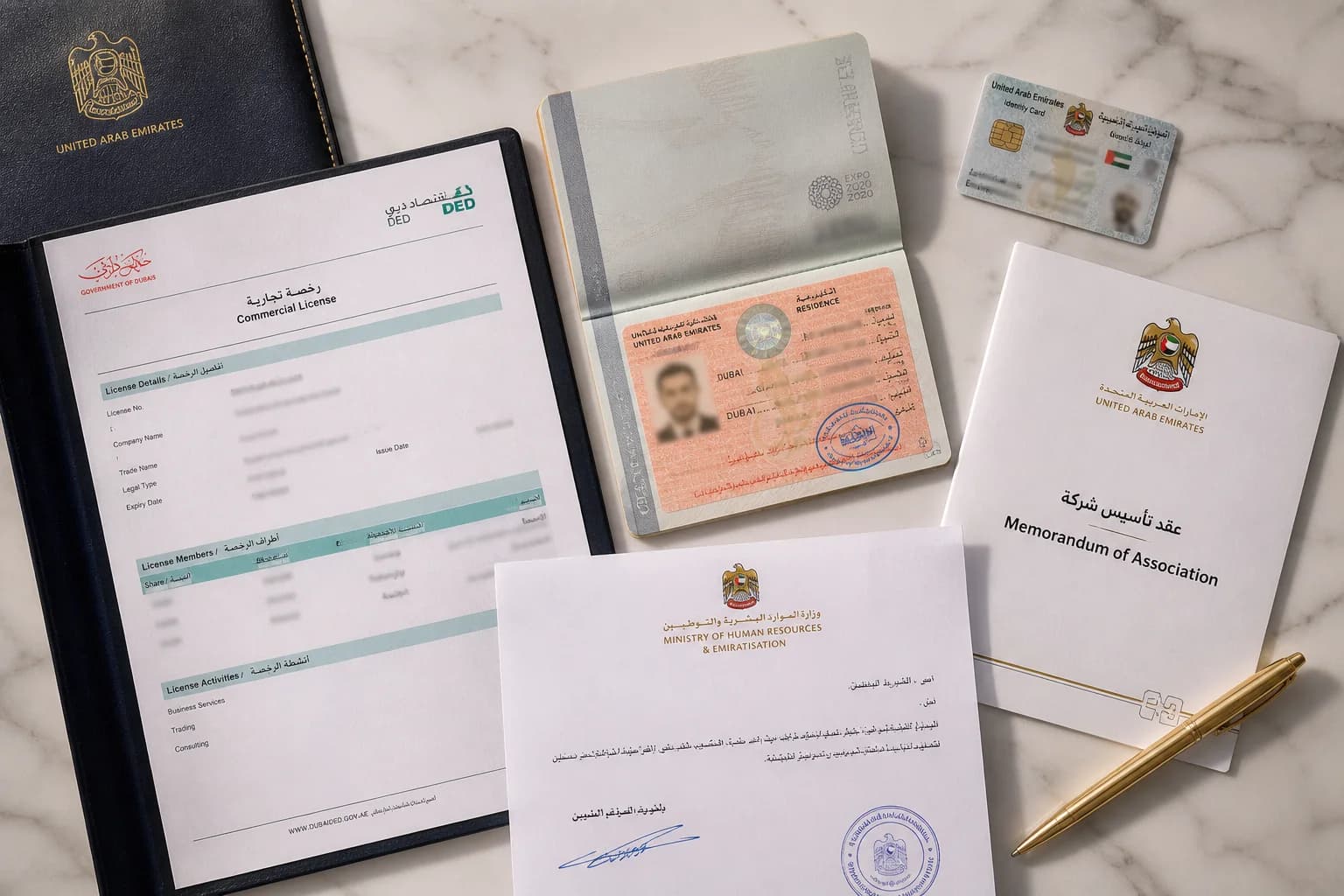 UAE corporate documents including trade licence, residence visa, Emirates ID and Memorandum of Association