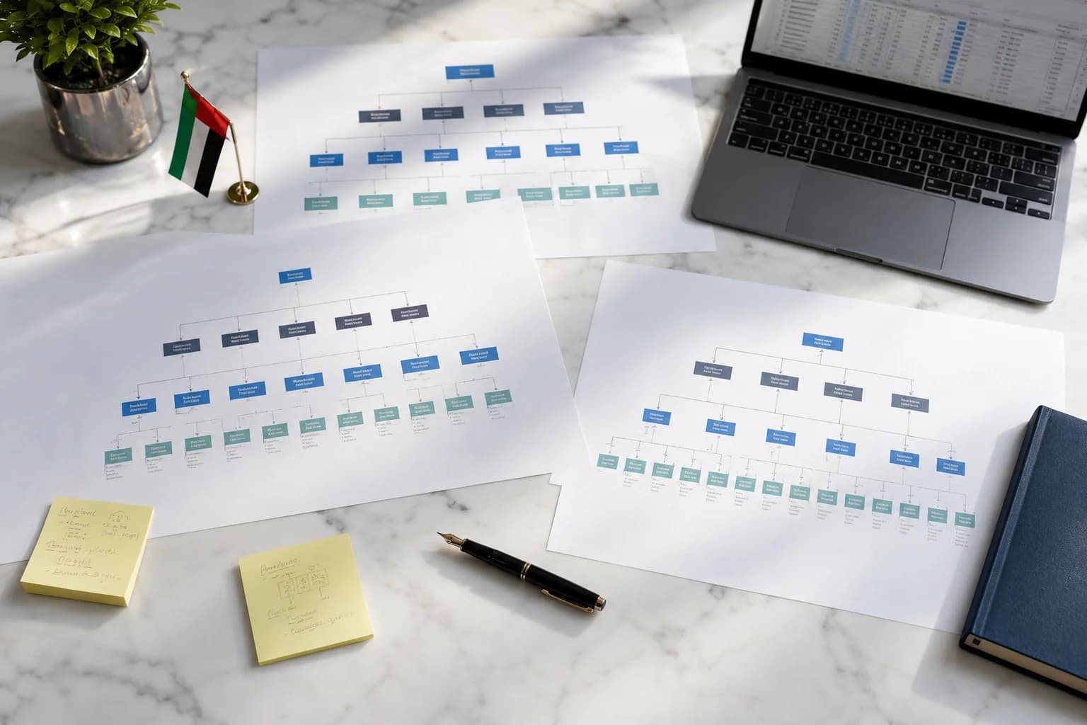 Corporate group structure planning documents on a desk in a Dubai office