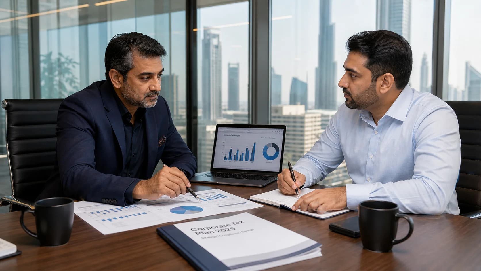 Business advisor explaining UAE corporate tax costs and filing timeline to a client in a Dubai meeting room