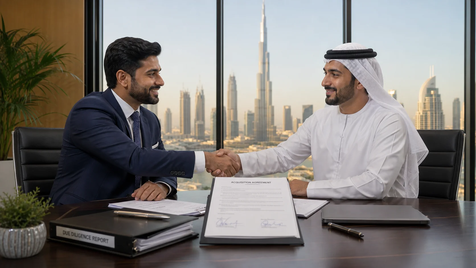 Business executives completing a UAE corporate acquisition with signed documents on conference table
