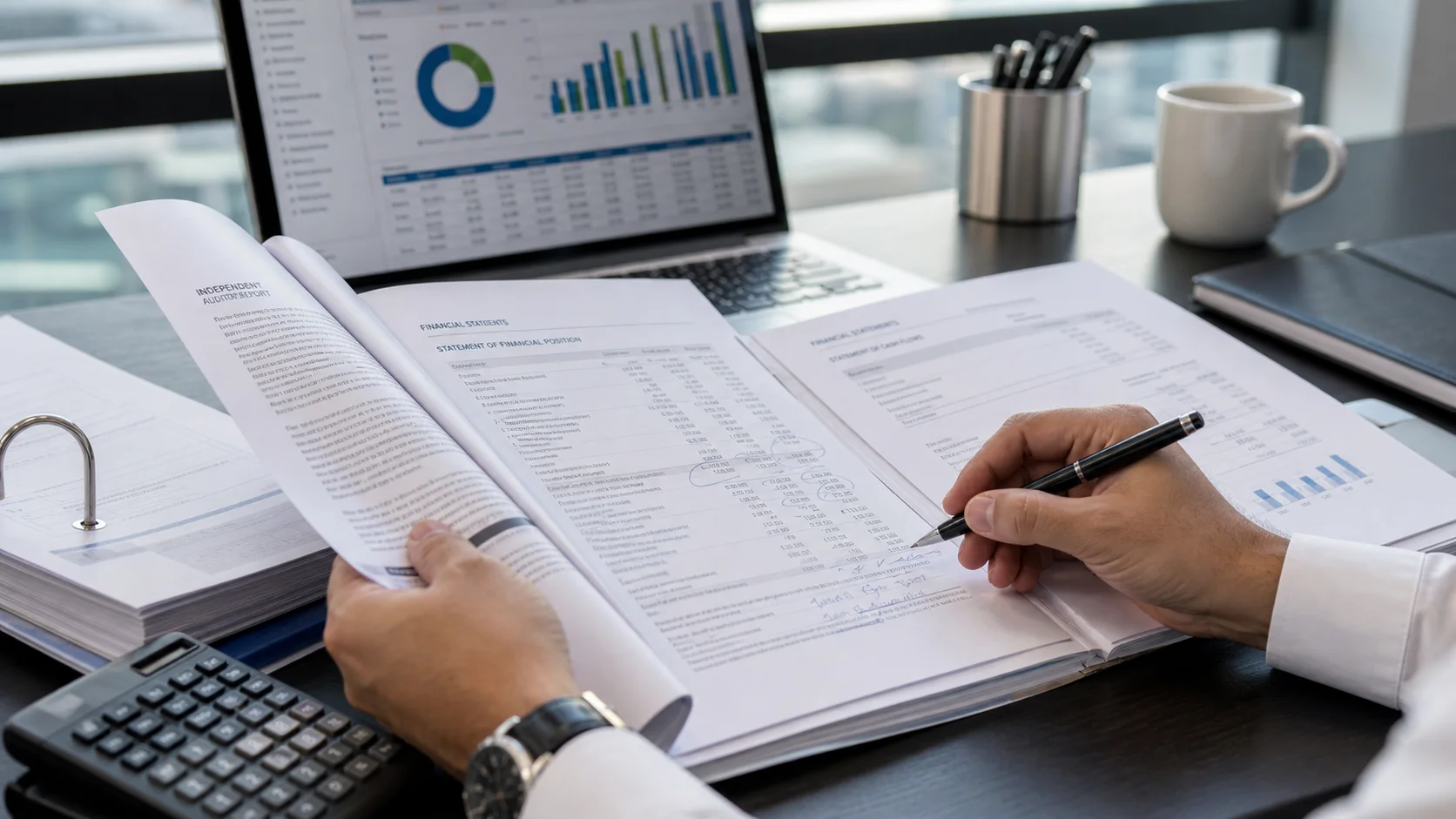 Financial analyst reviewing audited statements and bank records for UAE due diligence