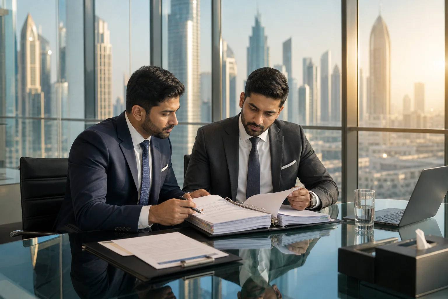 Due diligence consultants reviewing corporate documents in a Dubai boardroom