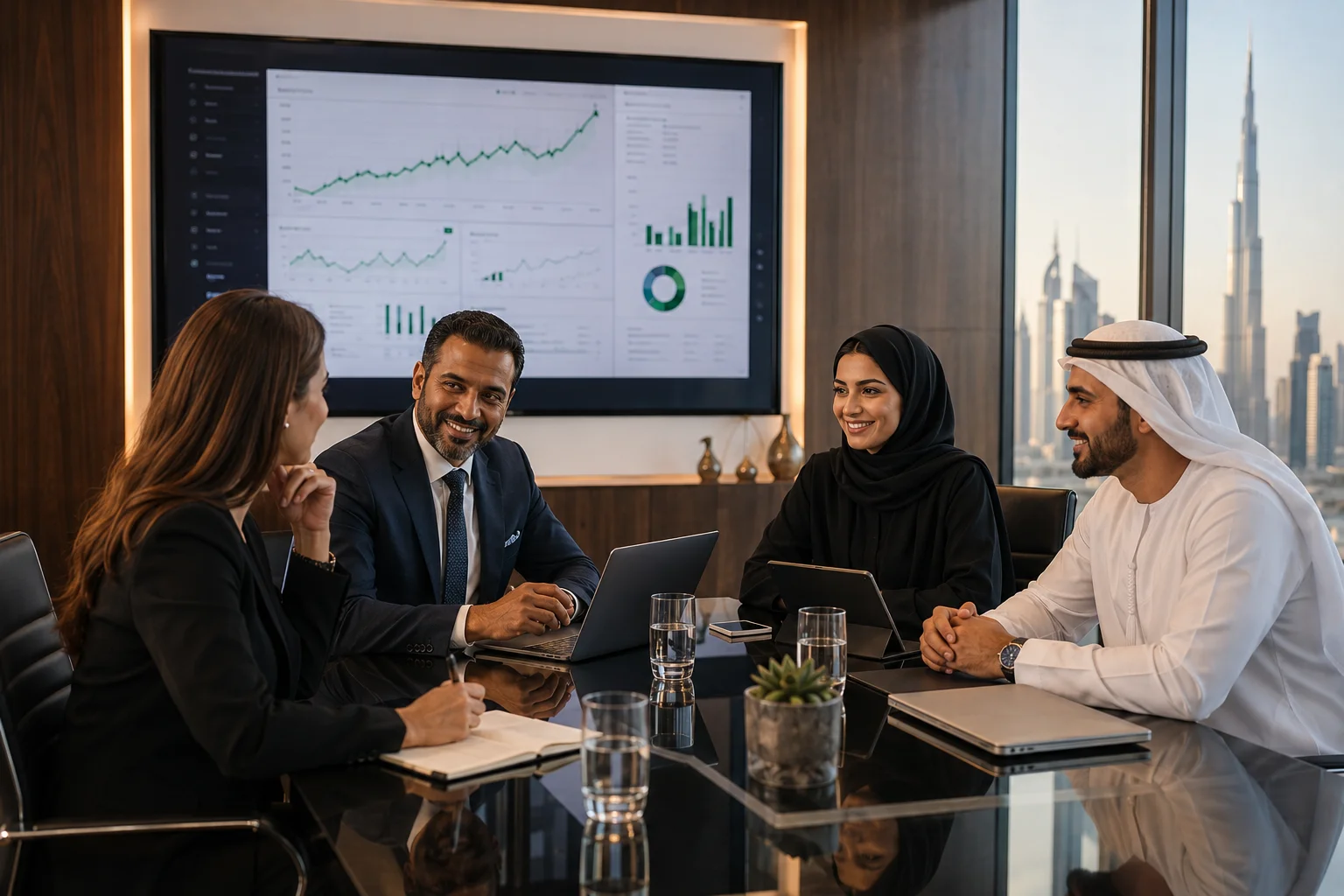 Executive board team reviewing risk management dashboard in Dubai boardroom