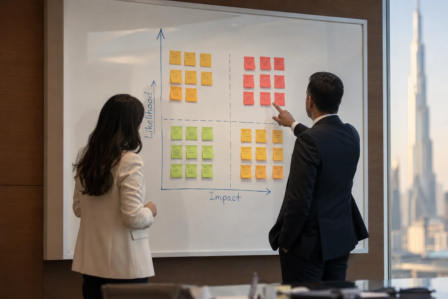 Risk assessment workshop with heat map on whiteboard in Dubai office