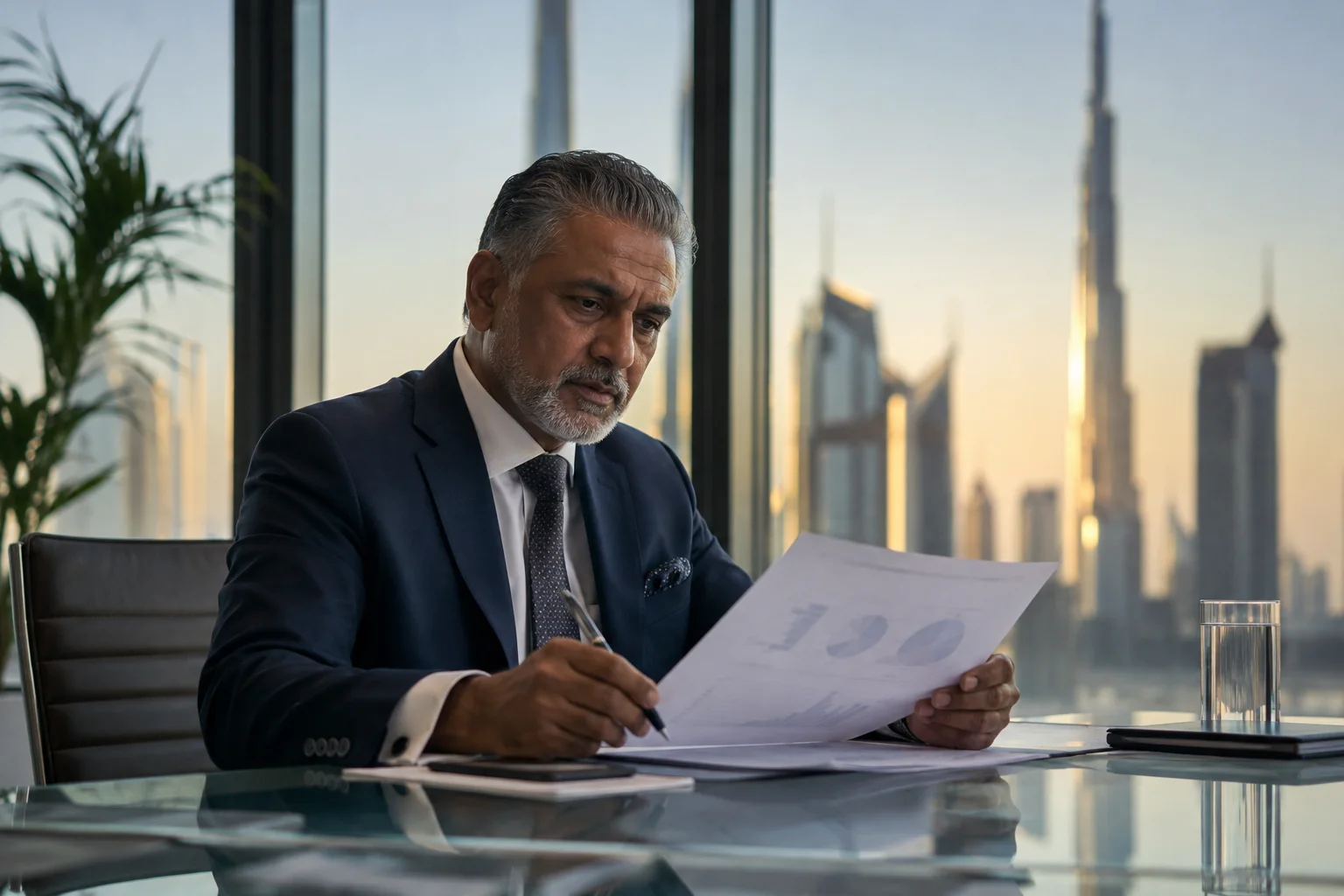 Jashvantkumar Prajapati reviewing enterprise risk management framework in Dubai boardroom
