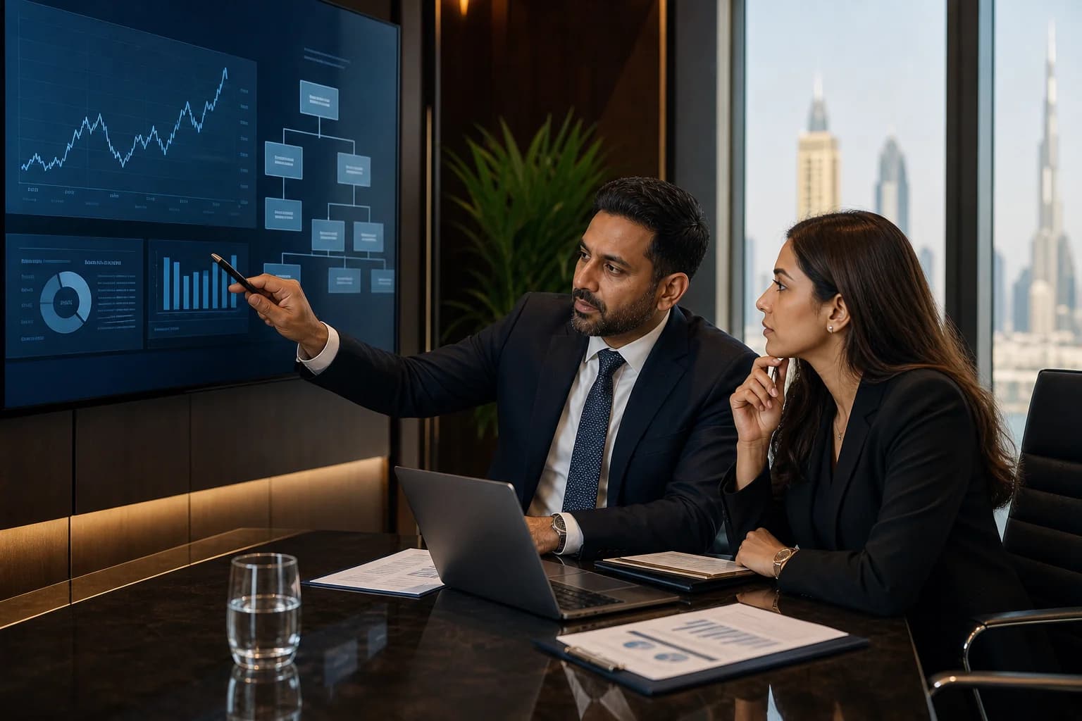 UAE ESR substance test review — compliance professionals examining board decisions and entity structure in Dubai boardroom