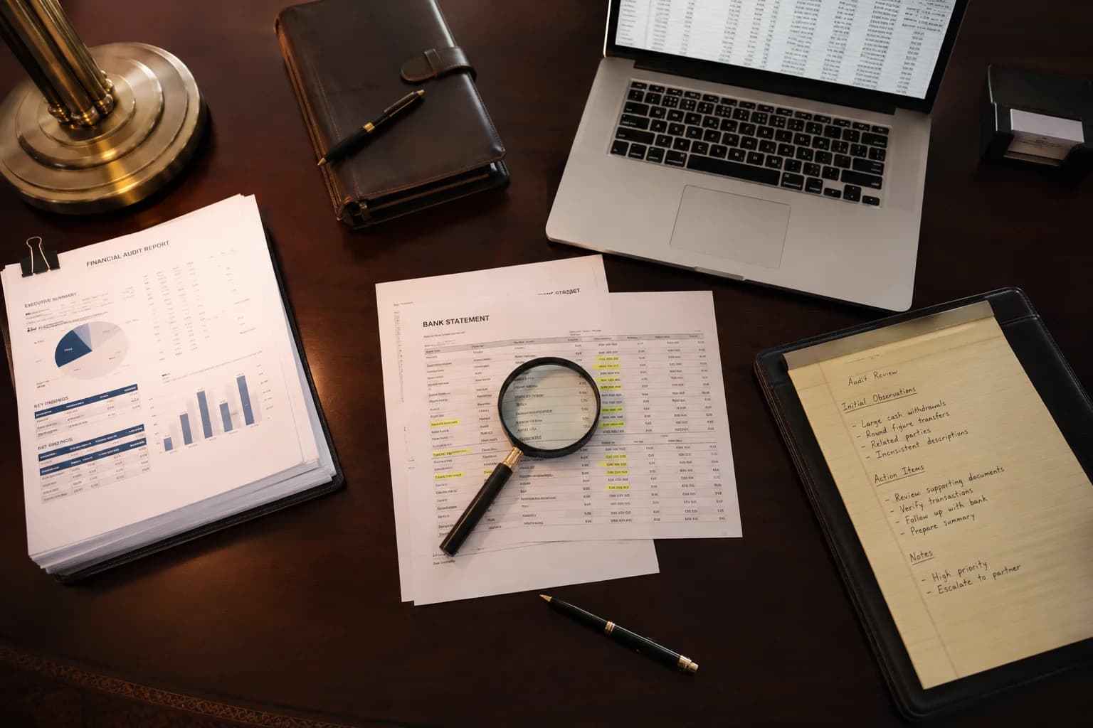 Financial investigation evidence documents and audit records on desk in Dubai office
