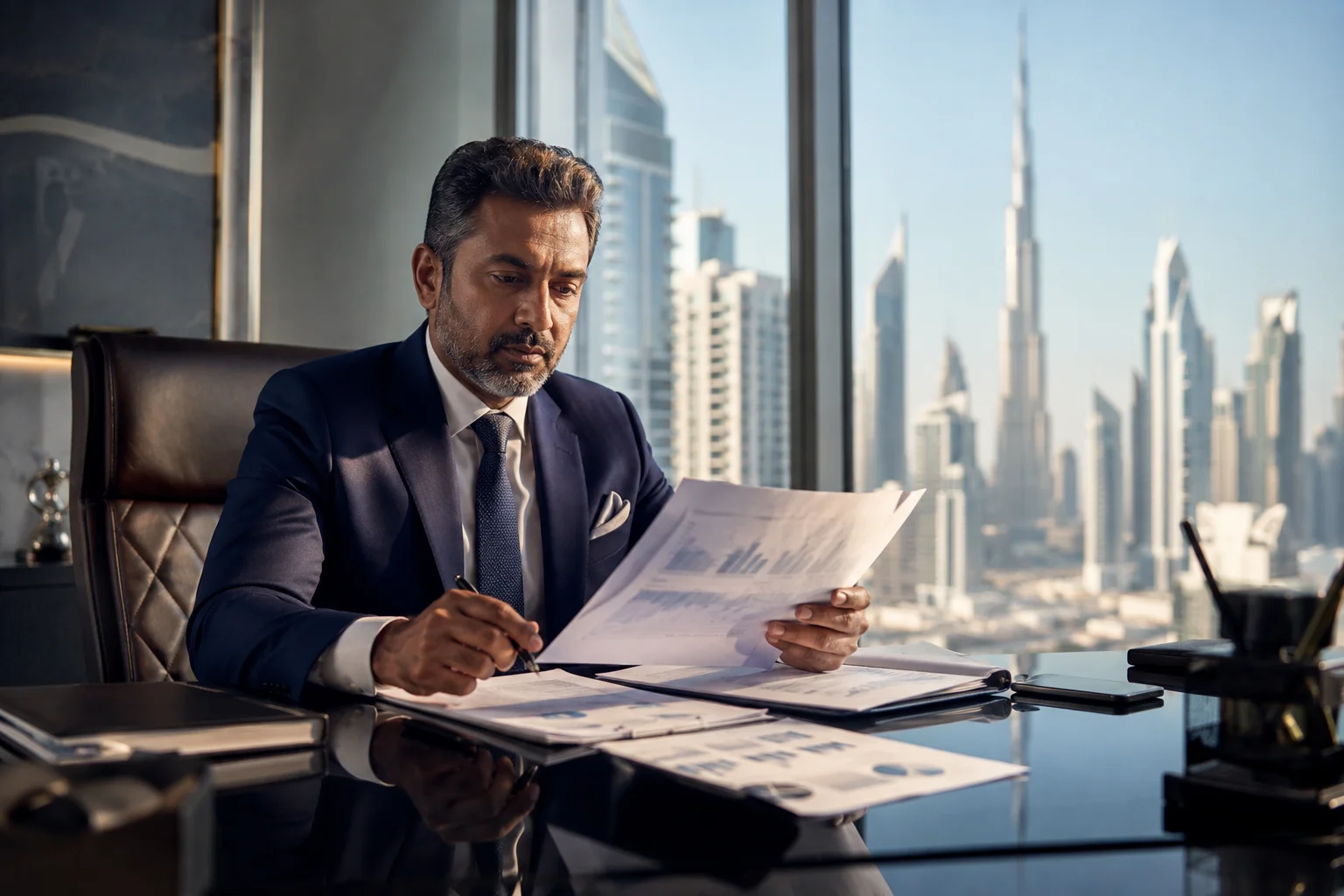 Jashvantkumar Prajapati reviewing financial investigation documents in Dubai advisory office