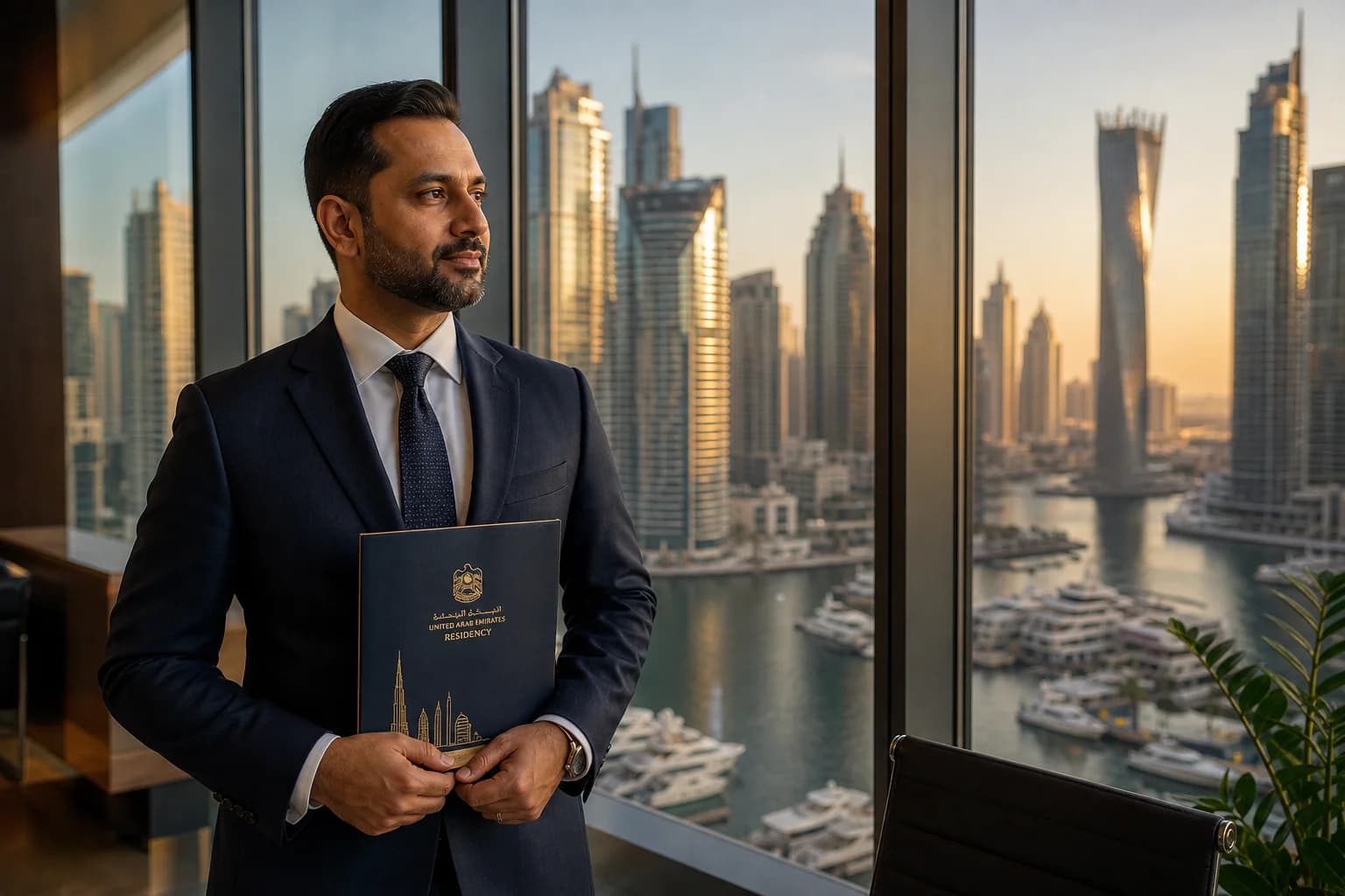 Business professional overlooking Dubai skyline at golden hour — UAE Golden Visa advisory by Jashvantkumar Prajapati