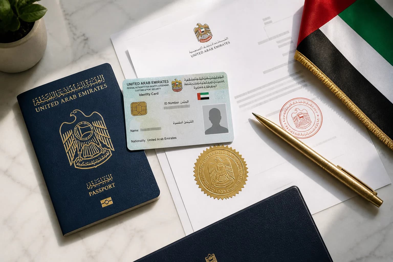 UAE passport, Emirates ID and official stamped documents arranged for Golden Visa application submission
