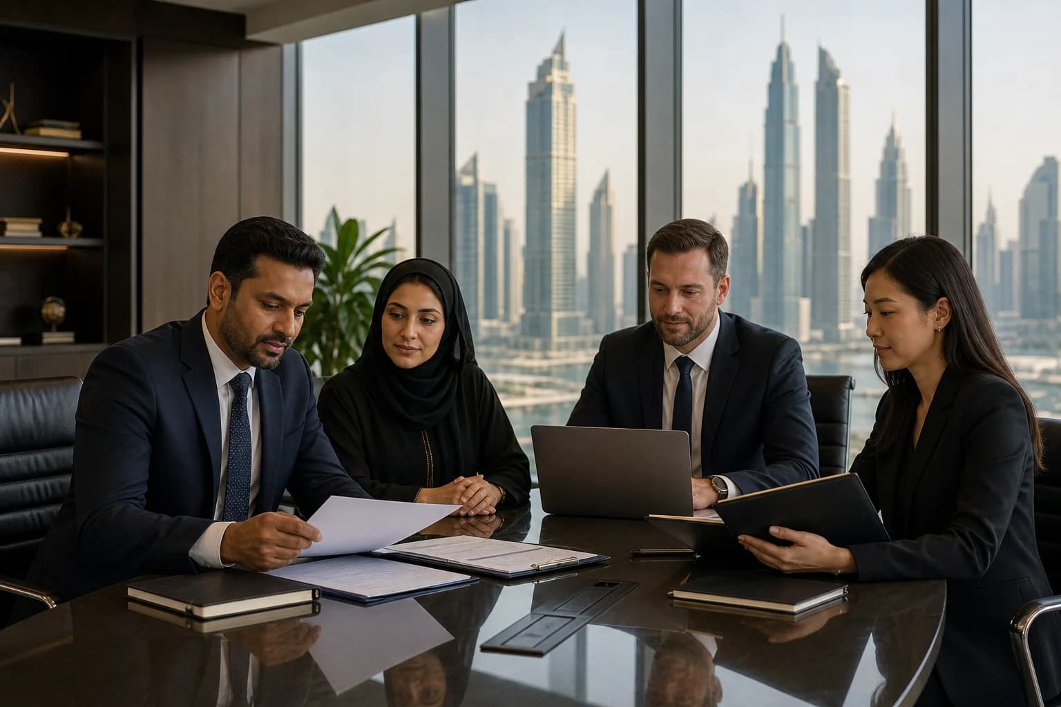 Diverse business professionals in a Dubai boardroom discussing UAE Golden Visa eligibility categories for investors and entrepreneurs