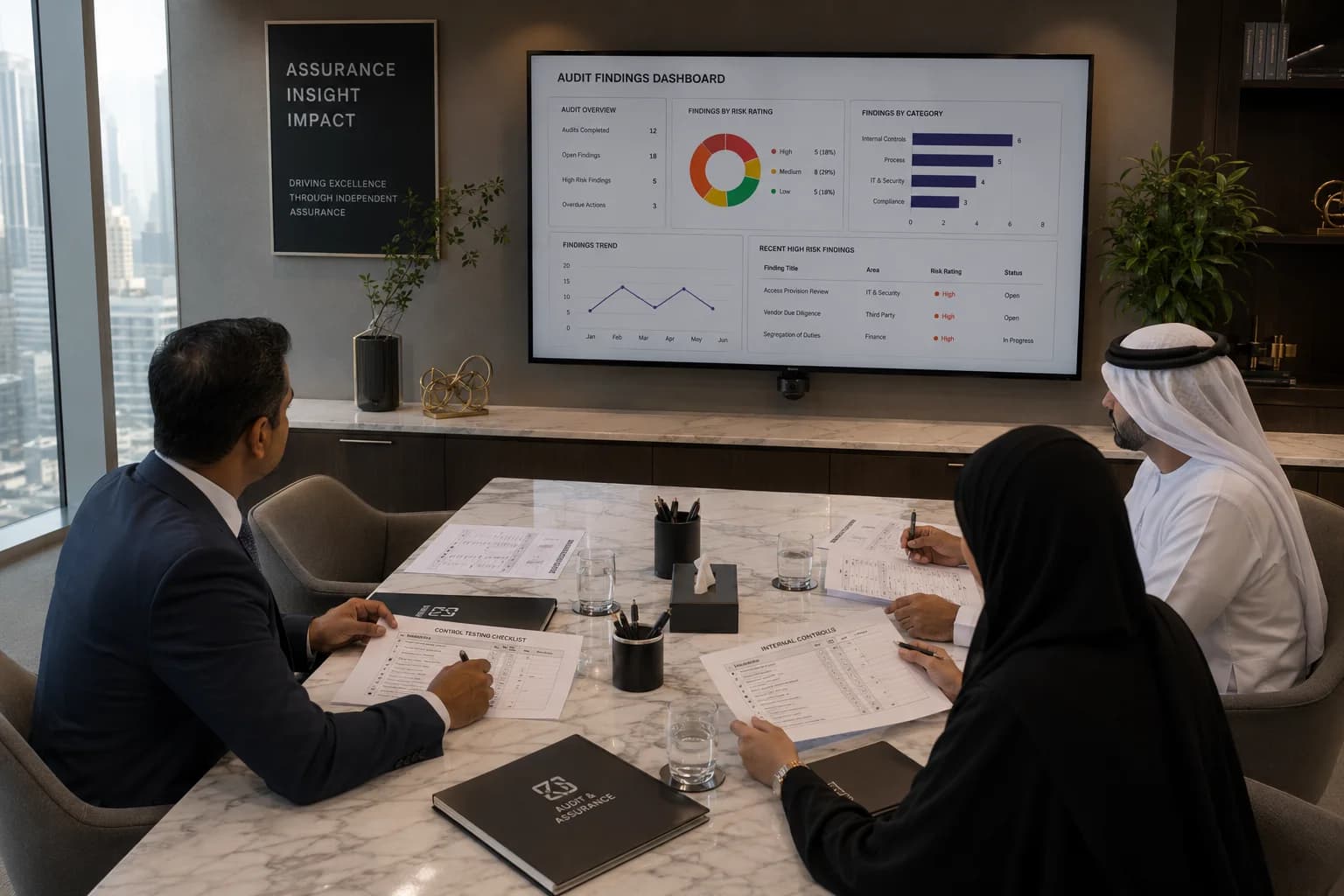 Internal audit team reviewing control testing workpapers in UAE office