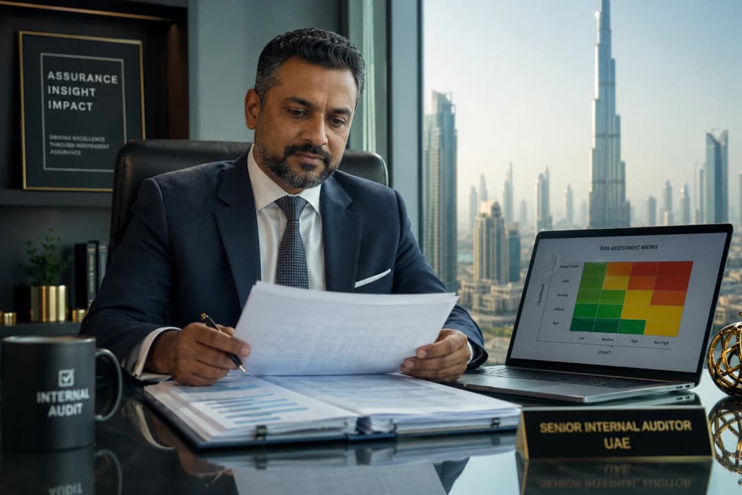 Internal auditor reviewing audit workpapers in Dubai office