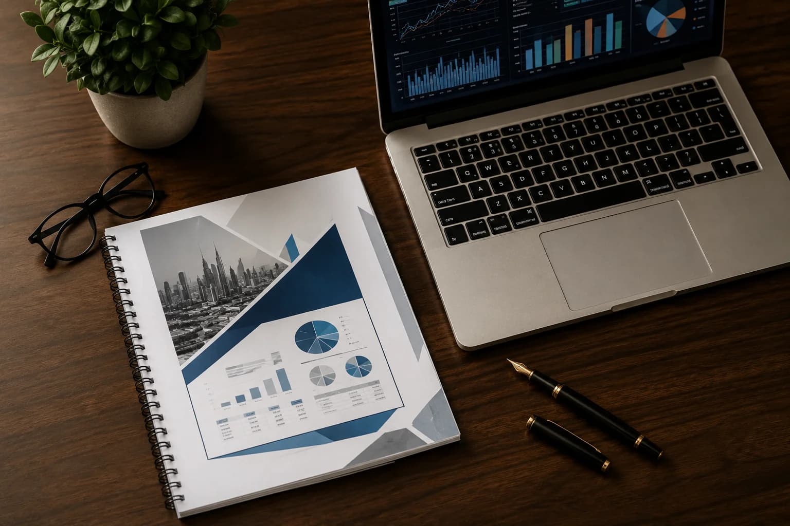 Management audit report on a desk in a Dubai office — printed report, MacBook with dashboard, fountain pen