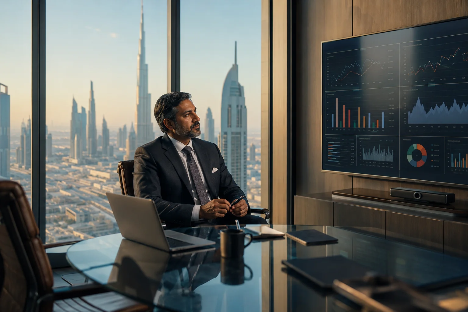 Jashvantkumar Prajapati reviewing management performance dashboards in a Dubai boardroom