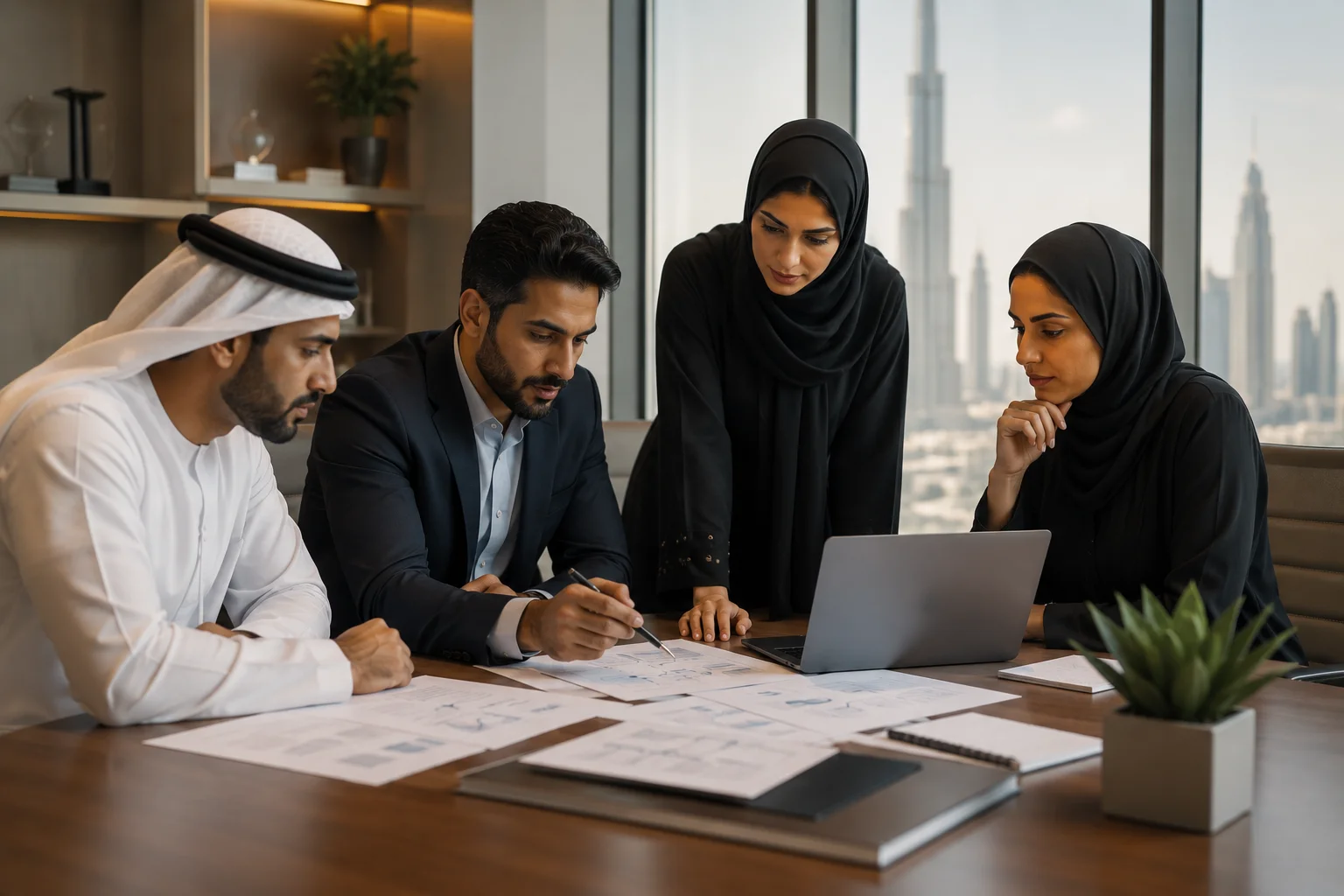 Operations team documenting standard operating procedures in a Dubai corporate office