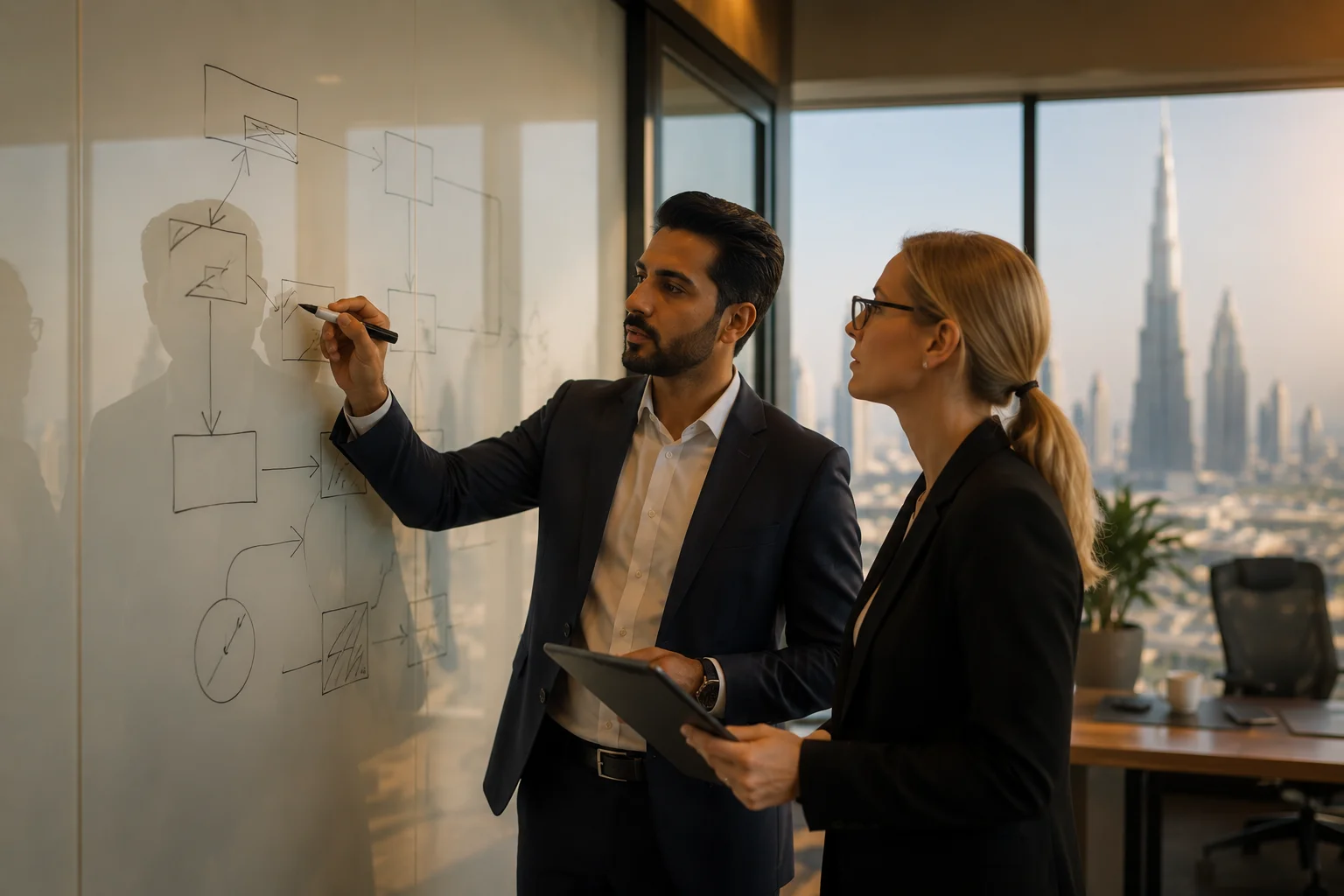 Process mapping and workflow design session on a whiteboard in a Dubai office