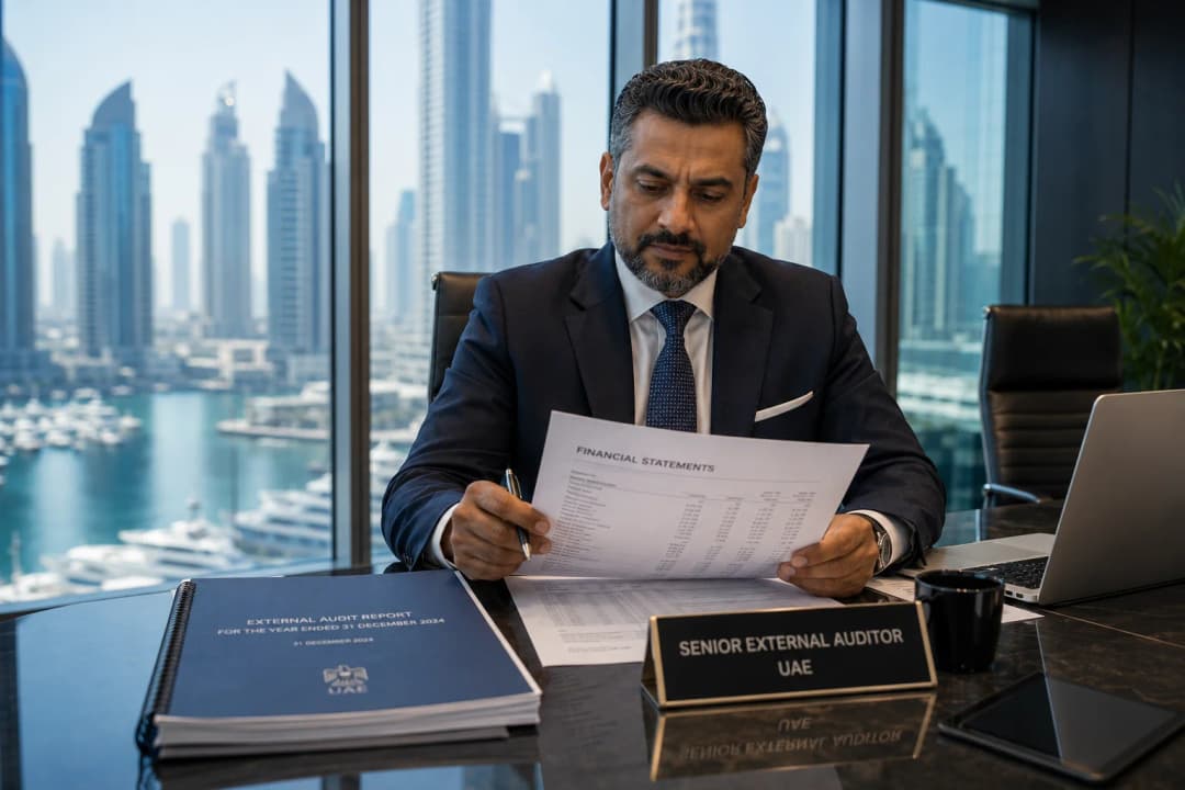 External auditor reviewing statutory audit report and financial statements in Dubai