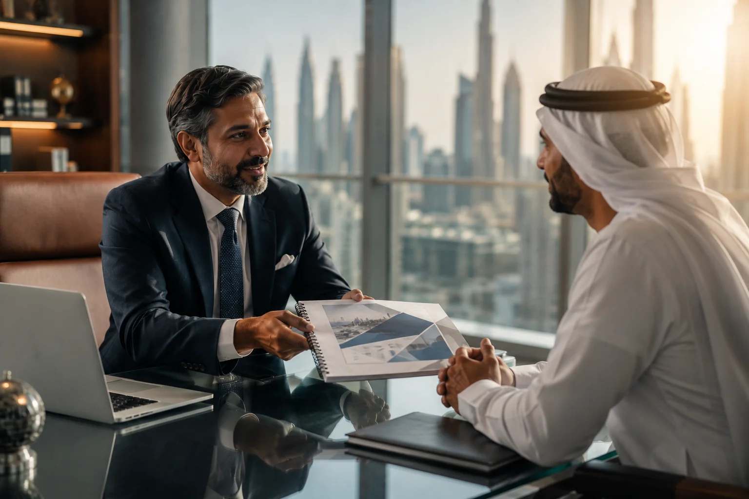 Senior advisor presenting a stock audit report in a Dubai office