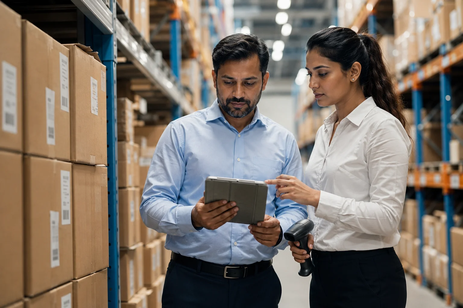 Auditors verifying inventory barcode tags inside a UAE warehouse