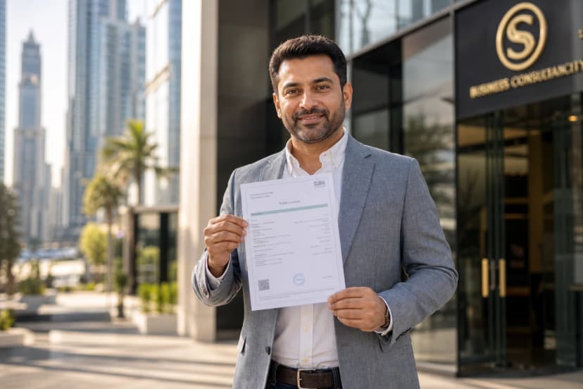Business owner with renewed UAE trade licence outside Dubai commercial premises