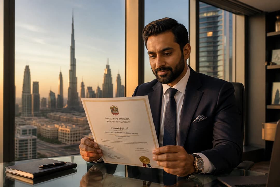 Jashvantkumar Prajapati reviewing a UAE Ministry of Economy trademark certificate in a Dubai high-rise office