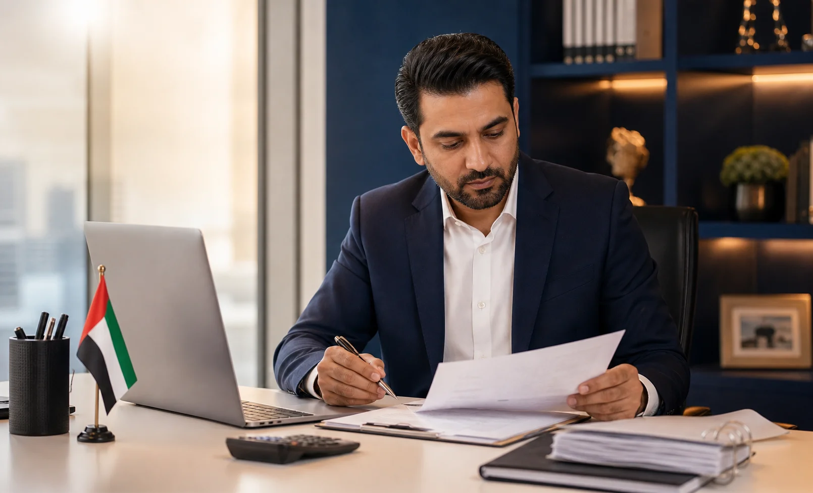 UAE VAT advisor reviewing VAT compliance documents and quarterly return at a professional desk in Dubai