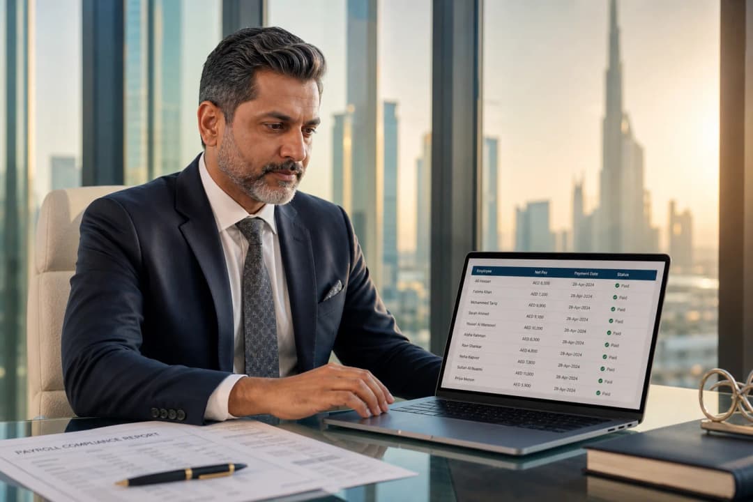WPS compliance UAE — payroll adviser reviewing salary transfer records in Dubai office